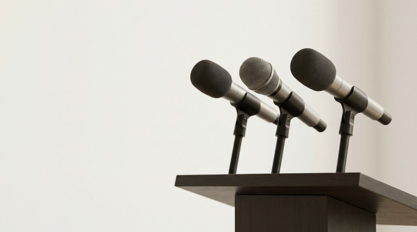 Three broadcast microphones on a lectern before a press conference